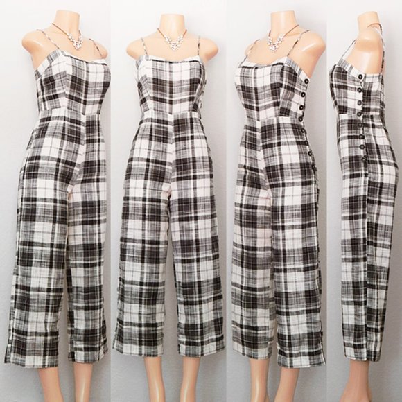 Plaid 100% Cotton Wide Leg Crop Overall Jumpsuit - Picture 6 of 8